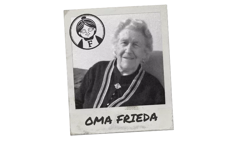 Oma Frieda, Namensgeberin von Friedas24, im Polaroid mit dem Logo