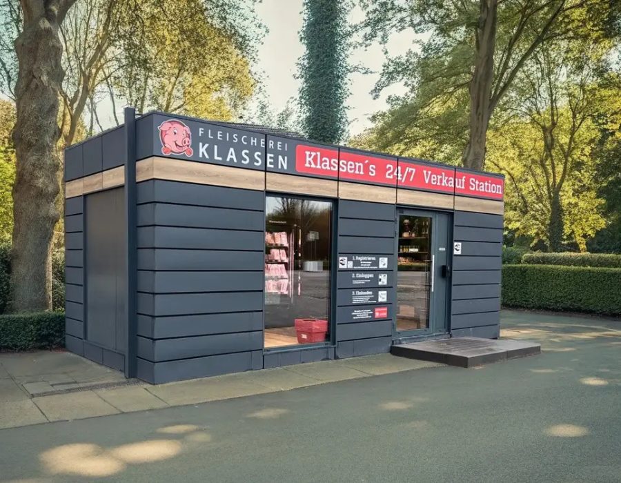 Containermarkt der Fleischerei Klassen am Abend